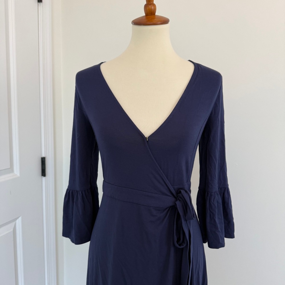 Lilly Pulitzer Navy Blue Ruffle Wrap Dress XS 3/4 Bell Sleeve V-Neck Jersey - Picture 2 of 12